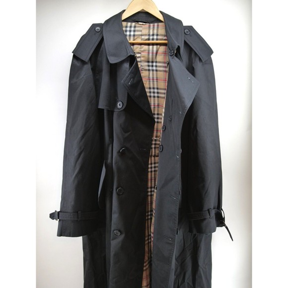 Vintage Trench Coat Made In Poland Cotton Blend 1960s 70s 44L BLACK - Picture 2 of 16